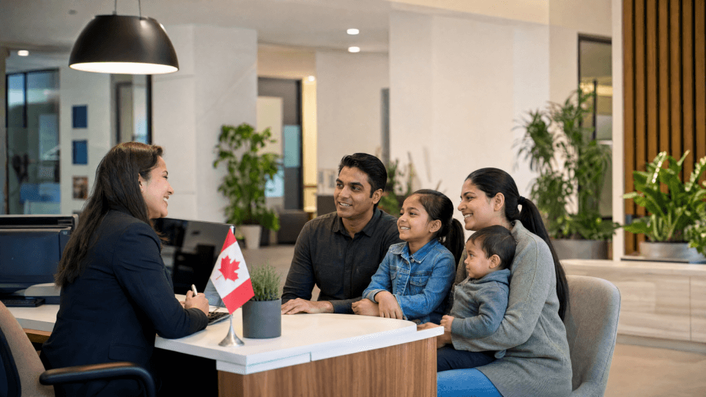 An immigration consultant meeting clients across a desk in a Canadian office