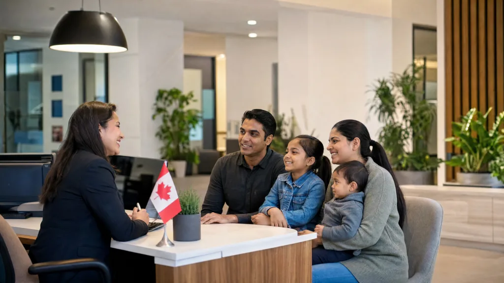 An immigration consultant meeting clients across a desk in a Canadian office