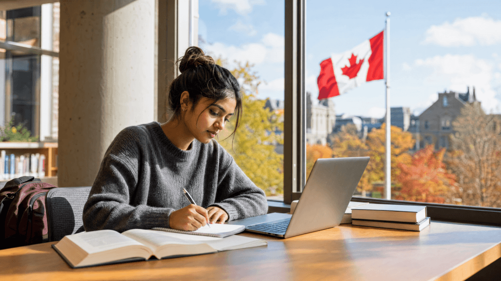 An international student studying at a desk with Canadian flags outside the window