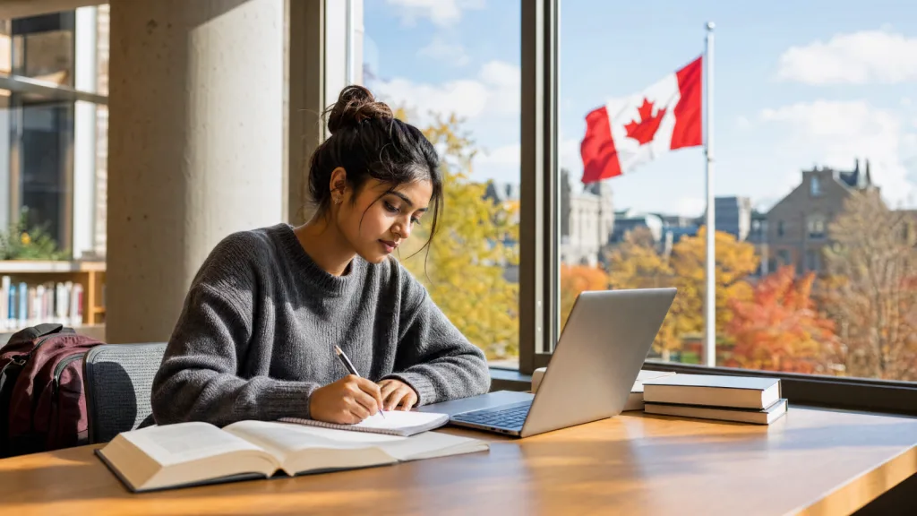 An international student studying at a desk with Canadian flags outside the window