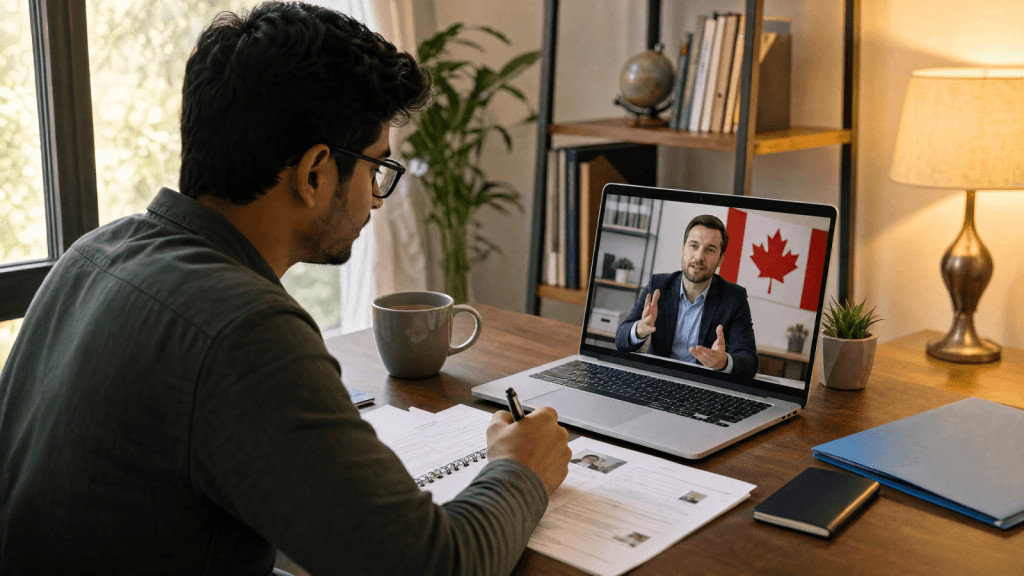 A client in an online consultation about a Canadian permanent residence application