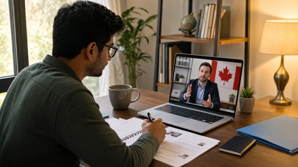A client in an online consultation about a Canadian permanent residence application