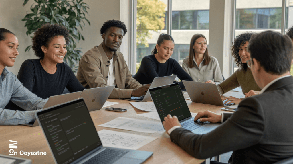 A team meeting around a table with laptops and application documents