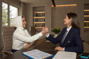 An immigration consultant and a client shaking hands after a consultation