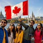 A group of newcomers taking a selfie with a large Canadian flag